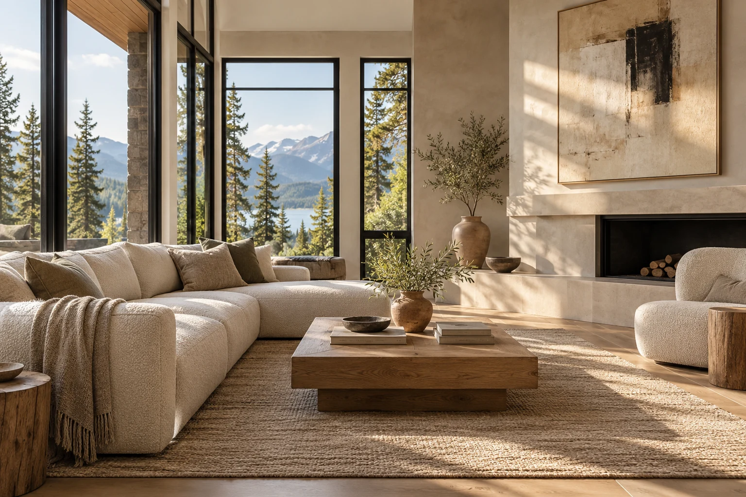 Warm light in a contemporary furnished living room