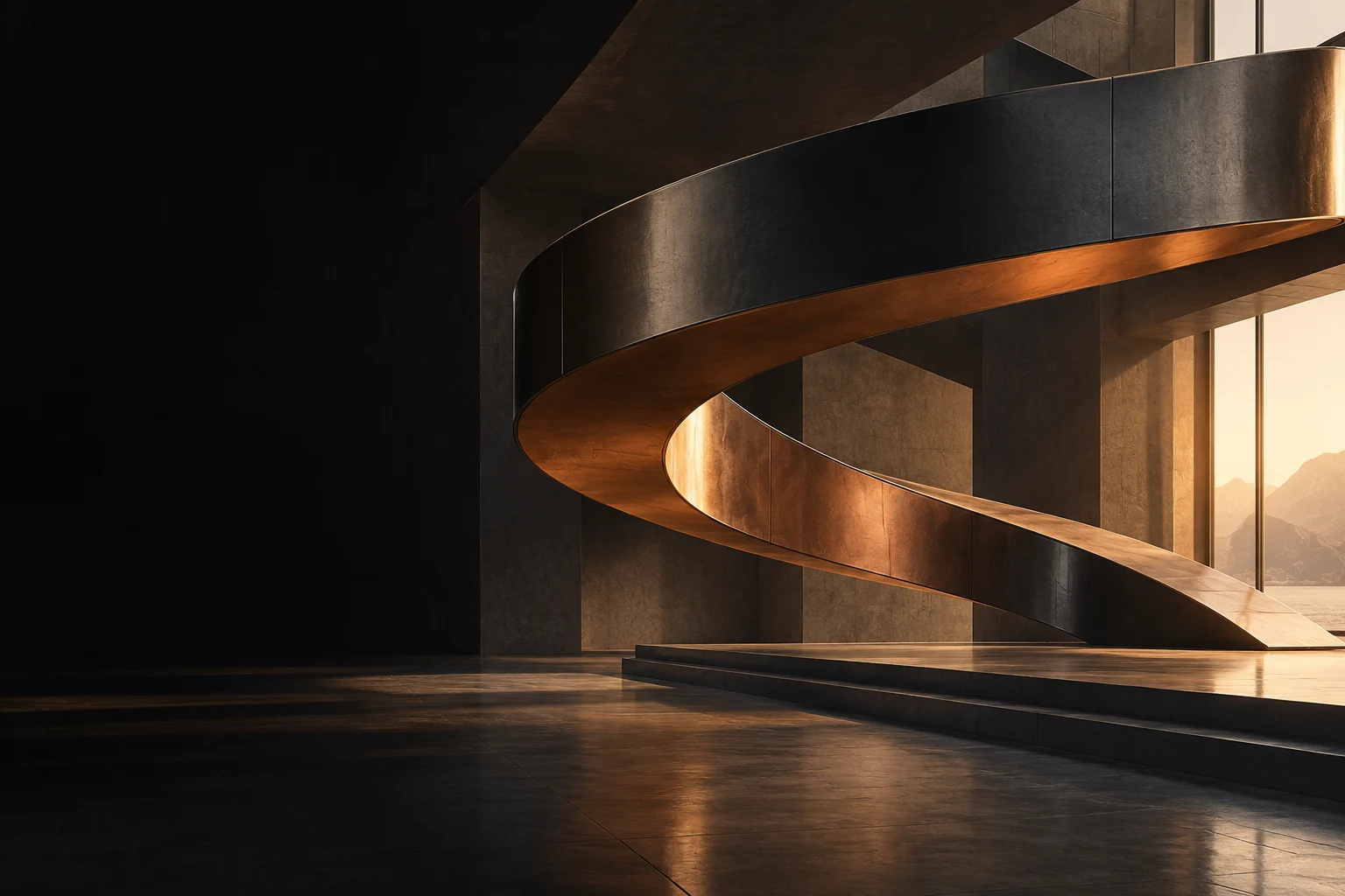 Sculptural titanium and copper bridge in a quiet architectural space