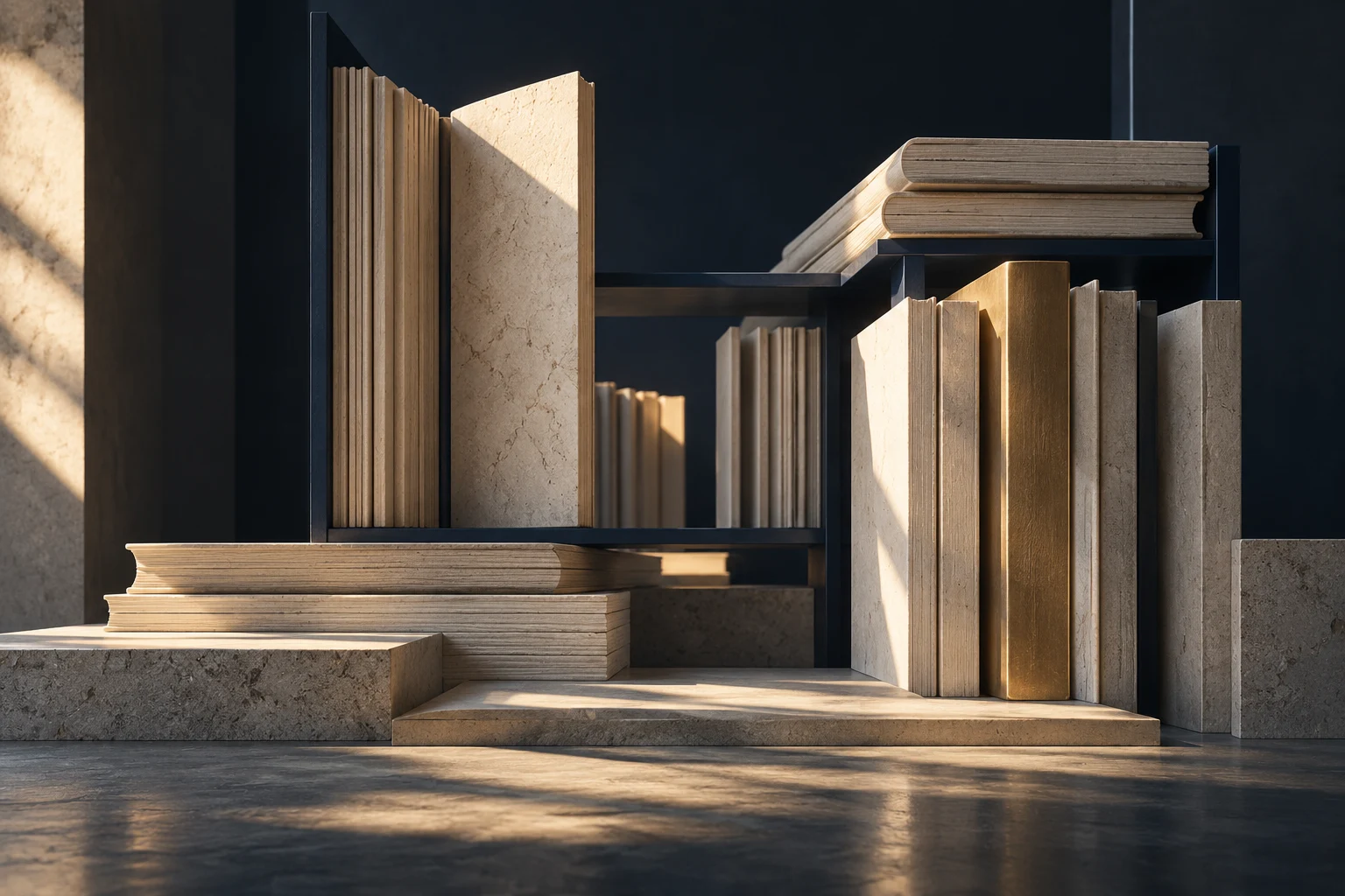 Booklike limestone forms in a navy and gold architectural setting